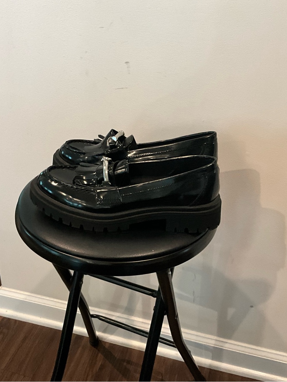 Old Navy Black Patent Loafers with Silver Accent